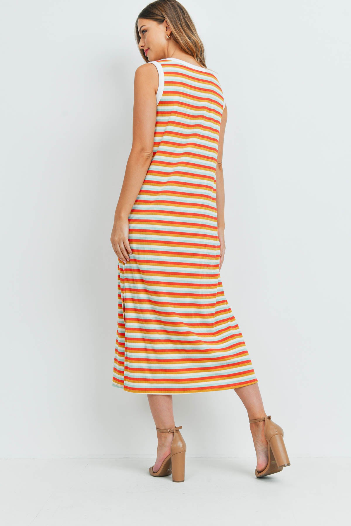 Rib Multicolor Stripes Maxi Dress With Side Slit