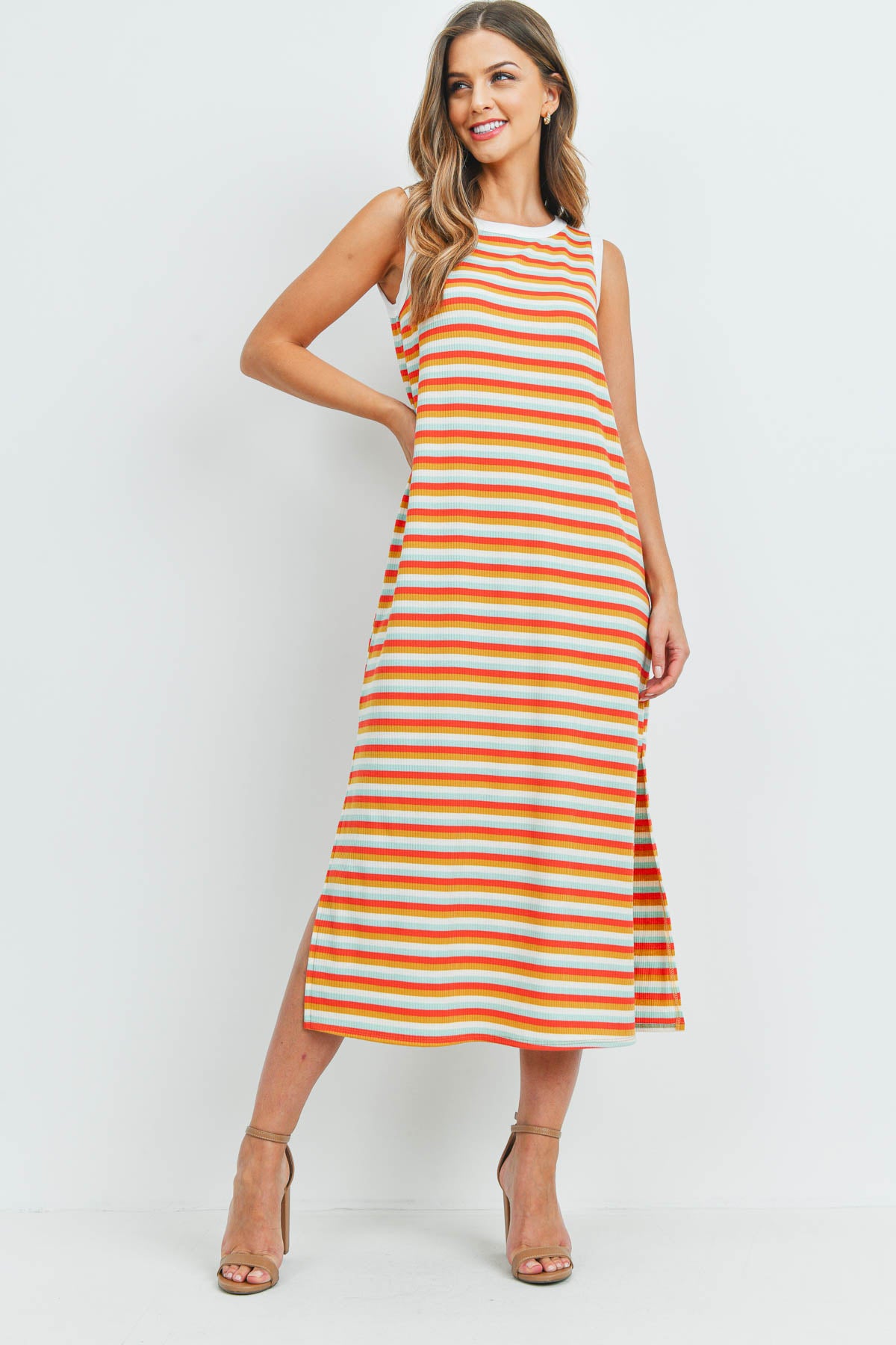 Rib Multicolor Stripes Maxi Dress With Side Slit