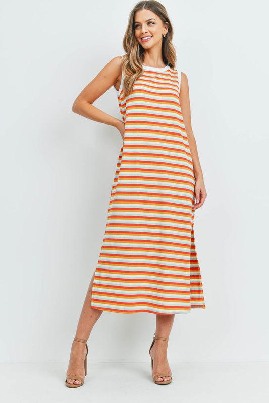 Rib Multicolor Stripes Maxi Dress With Side Slit