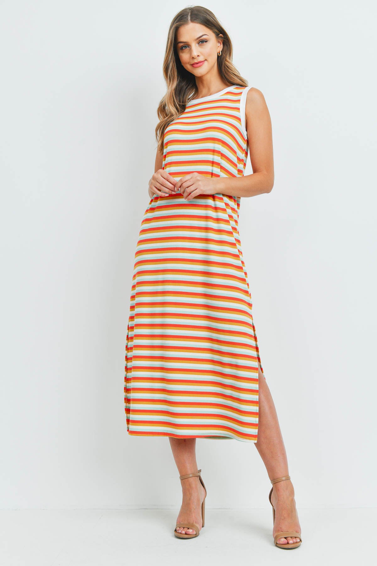 Rib Multicolor Stripes Maxi Dress With Side Slit