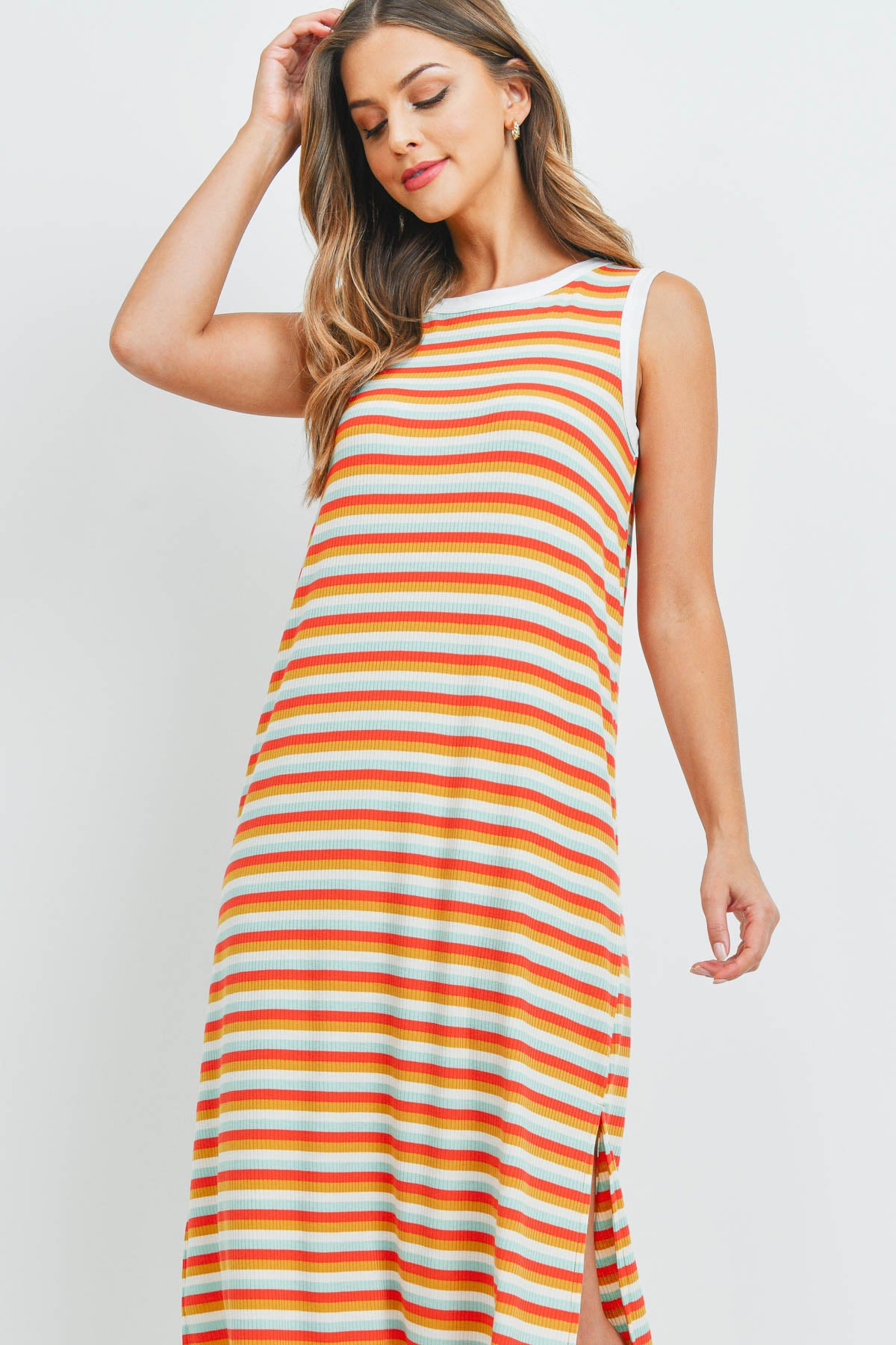 Rib Multicolor Stripes Maxi Dress With Side Slit