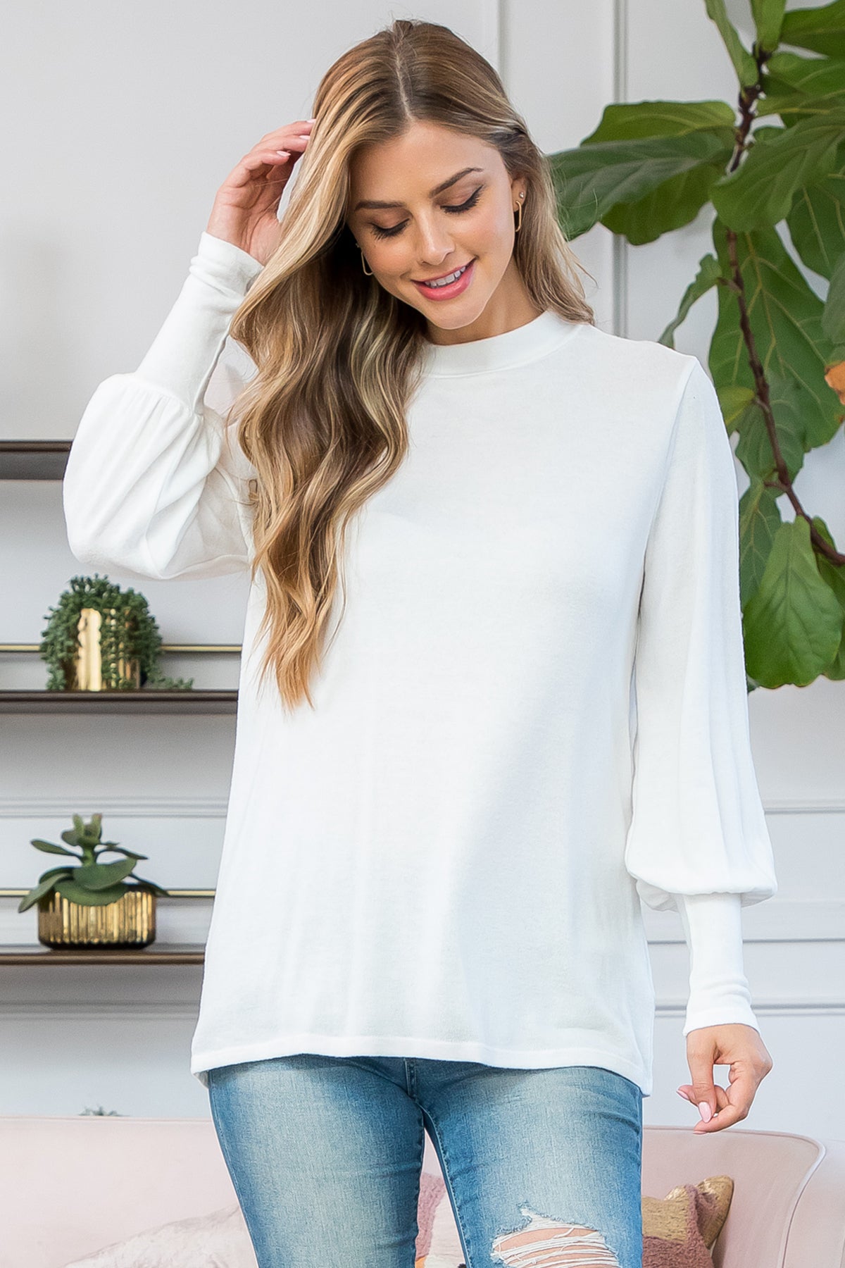 Plus Size Puff Sleeve Mock Neck Top