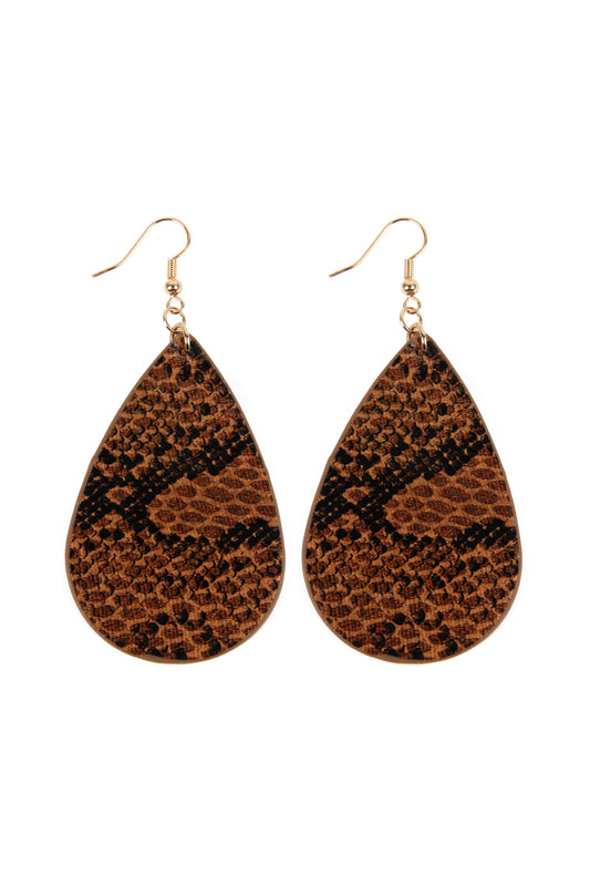 Brown Snake Skin Teardrop Leather Earrings
