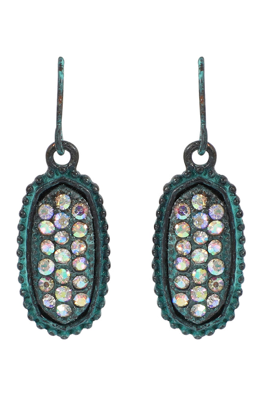 Turquoise AB Oval Texture Pave Rhinestone Classic Earrings