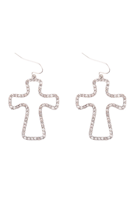 Open Cut Pave Rhinestone Drop Hook Earrings Silver