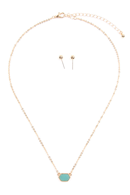 Druzy Hexagon Pendant Necklace Earring Set