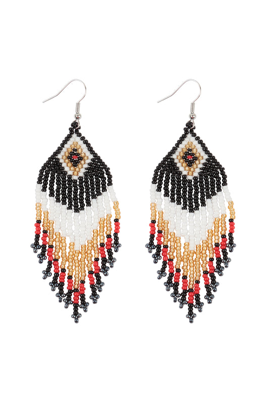 Tribal Pattern Seed Beads Boho Fish Hook Earrings  Black
