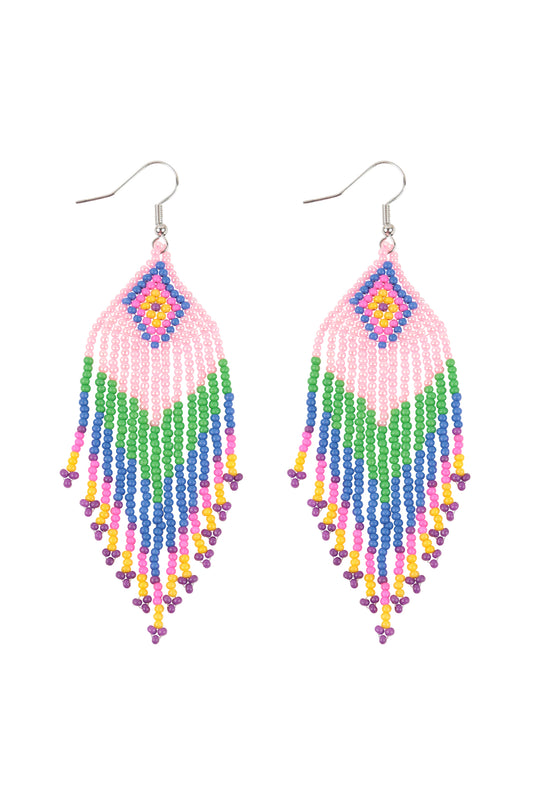 Tribal Pattern Seed Beads Boho Fish Hook Earrings Pink
