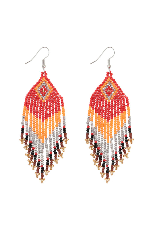 Tribal Pattern Seed Beads Boho Fish Hook Earrings Red