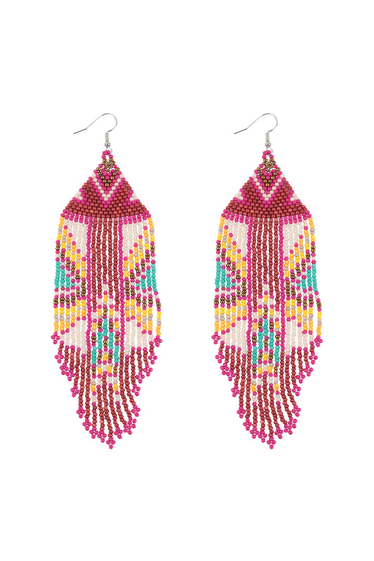 Aztec Pattern Fringe Beaded Fish Hook Earrings Red