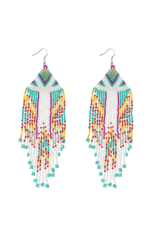 Aztec Pattern Fringe Beaded Fish Hook Earrings Tur2uoise