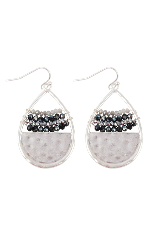 Hammered Teardrop W/ Rondelle Beads Fish Hook Earrings Silver Black