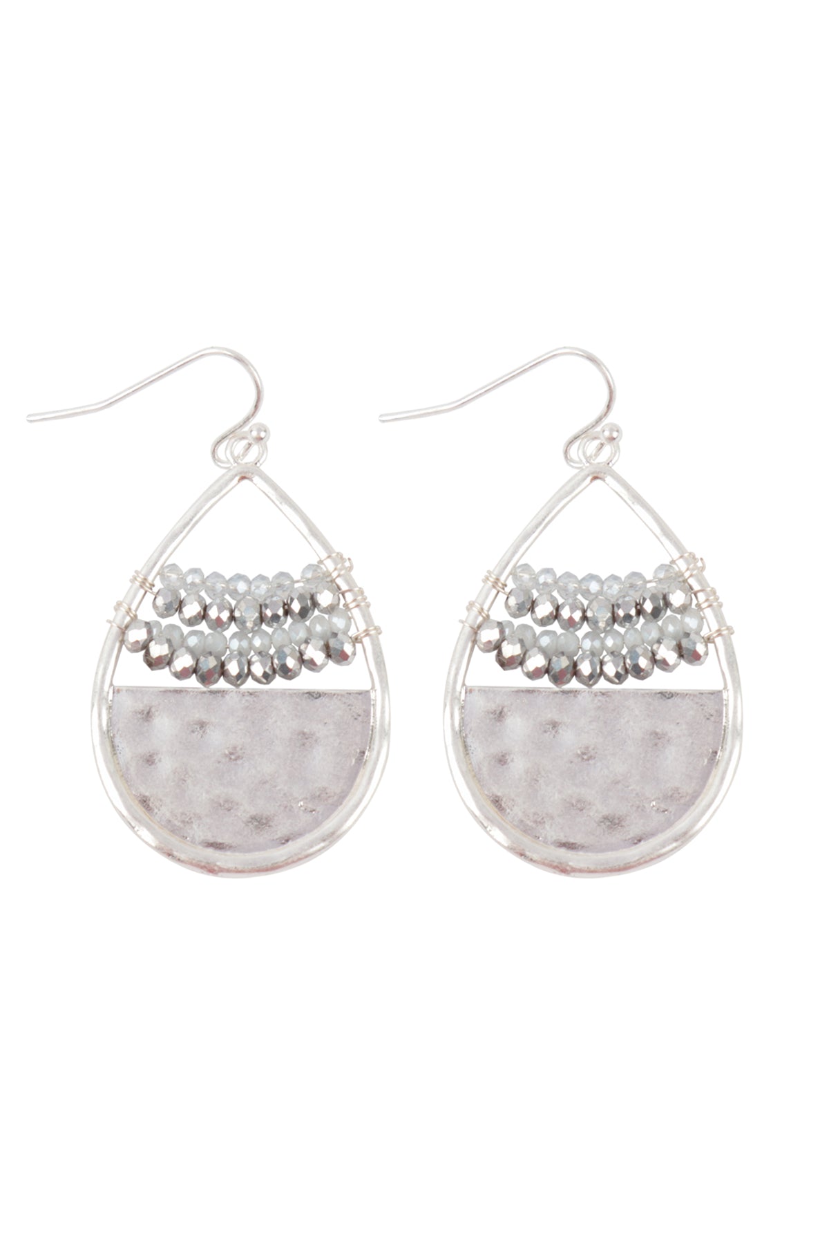 Hammered Teardrop W/ Rondelle Beads Fish Hook Earrings Silver