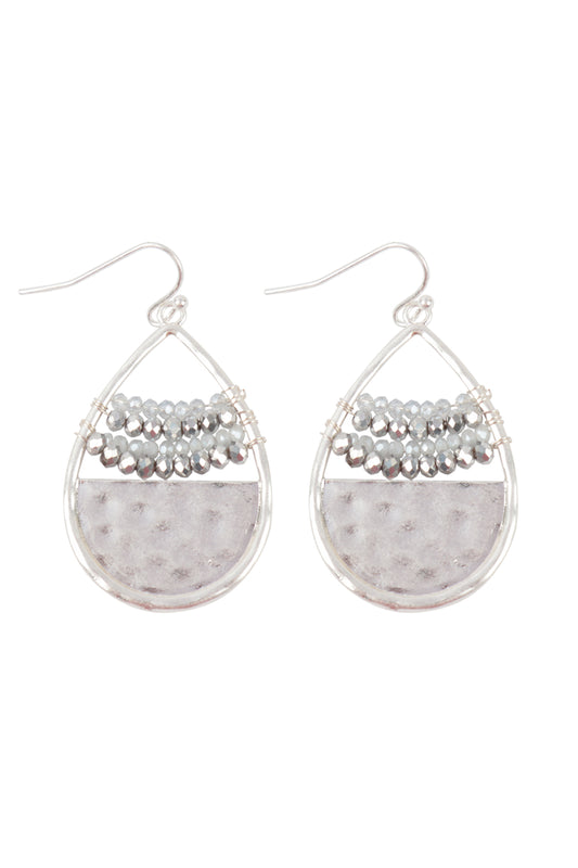 Hammered Teardrop W/ Rondelle Beads Fish Hook Earrings Silver