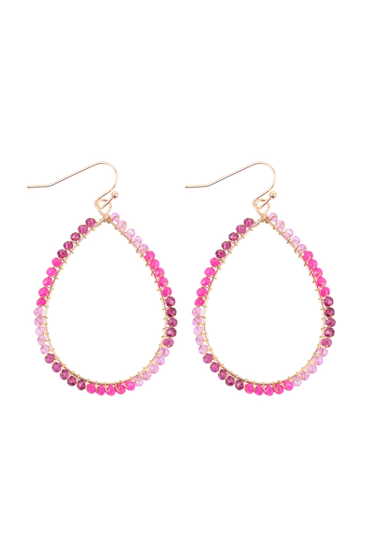 Wire Teardrop Glass Beads Fish Hook Earrings Fuchsia