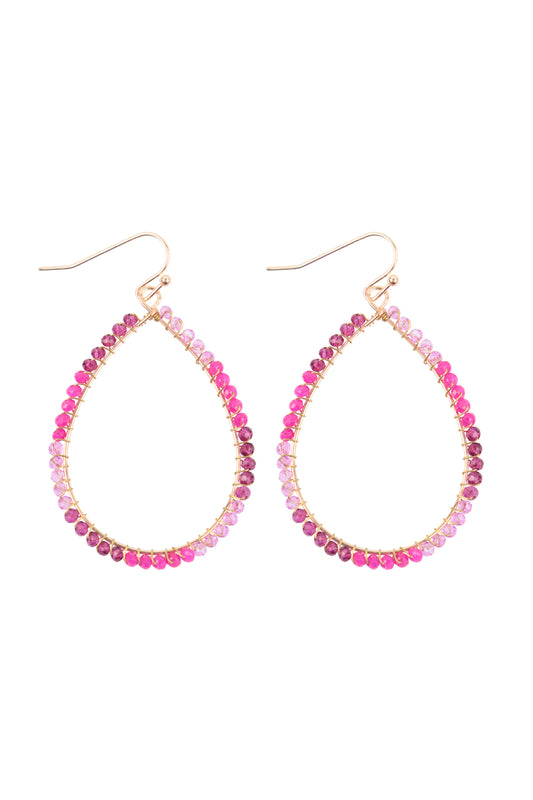 Wire Teardrop Glass Beads Fish Hook Earrings Fuchsia