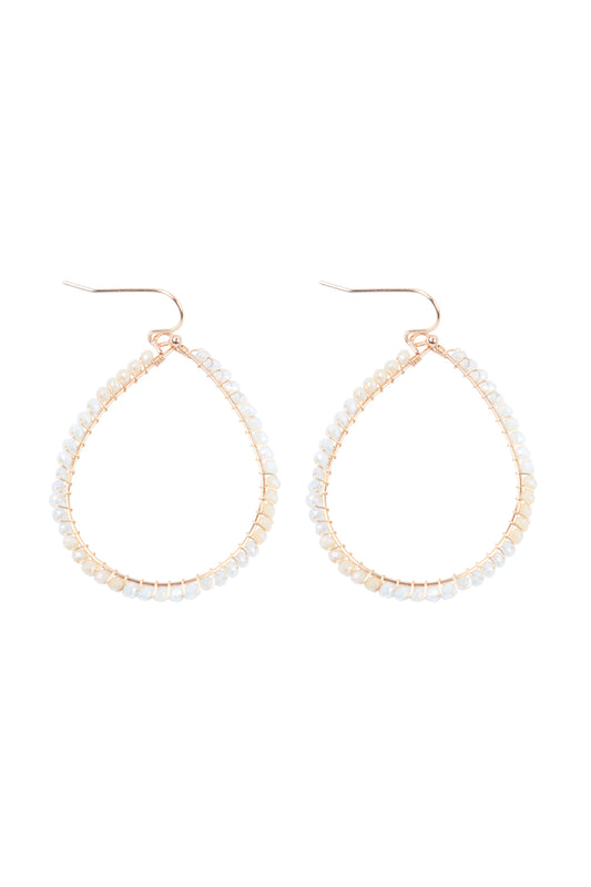 Wire Teardrop Glass Beads Fish Hook Earrings White