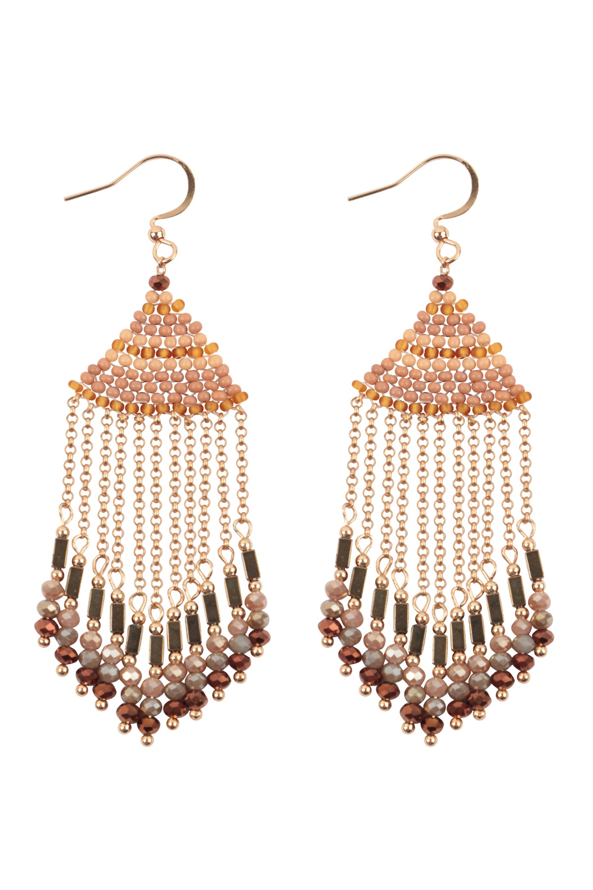 Boho Chain Fringe Drop Hook Earrings Light Brown