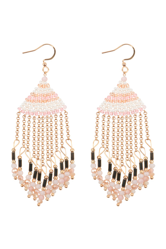 Boho Chain Fringe Drop Hook Earrings Pink