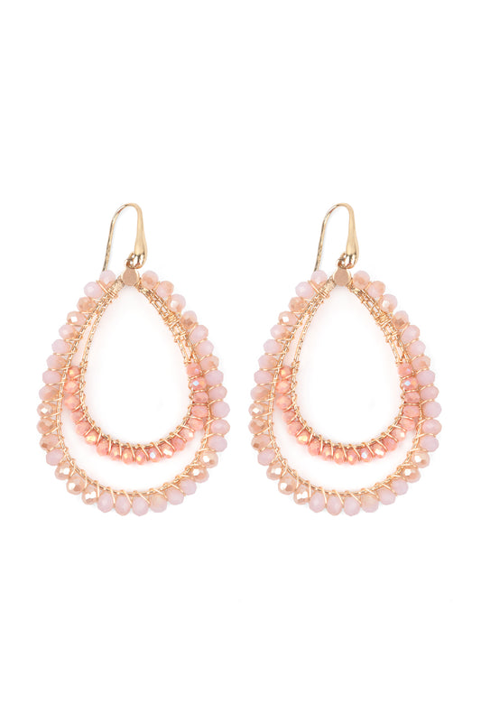 Boho Layered Rondelle Beads Teardrop Hook Earrings Pink