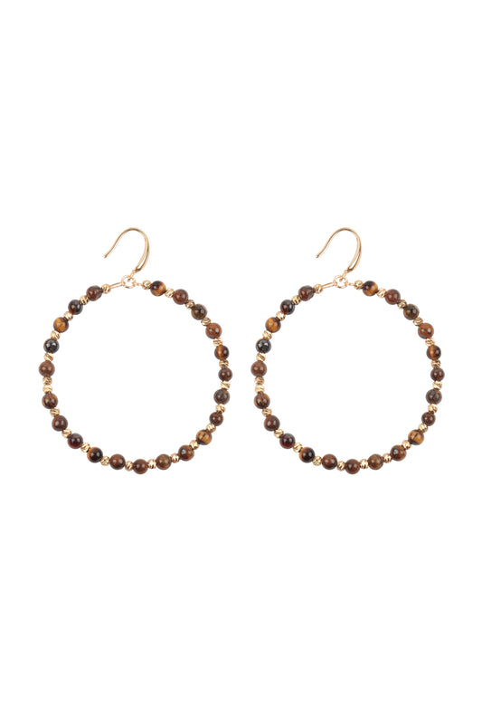 Textured Round Beads Hoop Earrings Brown