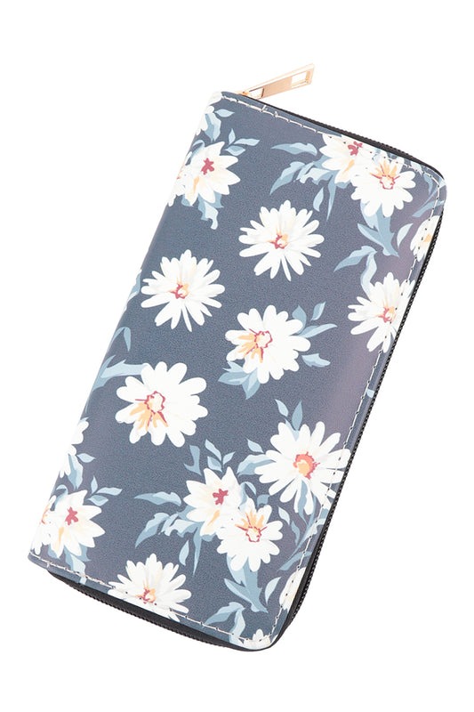 White Daisy Print Leather Zipper Wallet
