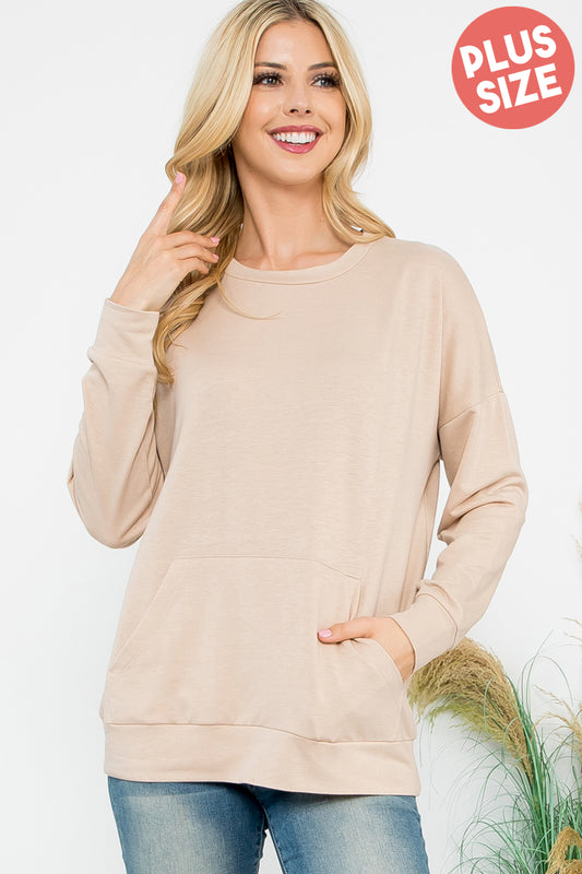 Plus Size Long Sleeve French Terry Kangaroo Pocket Top