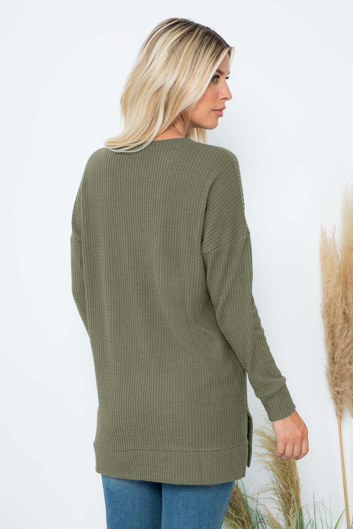 Brushed Waffle Round Neck Side Slit Sweater