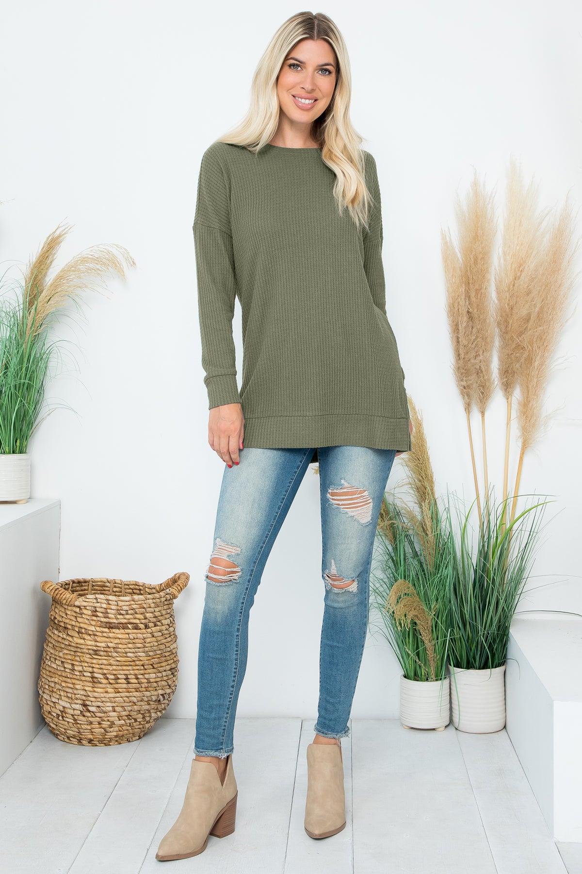Plus Size Brushed Waffle Round Neck Side Slit Sweater