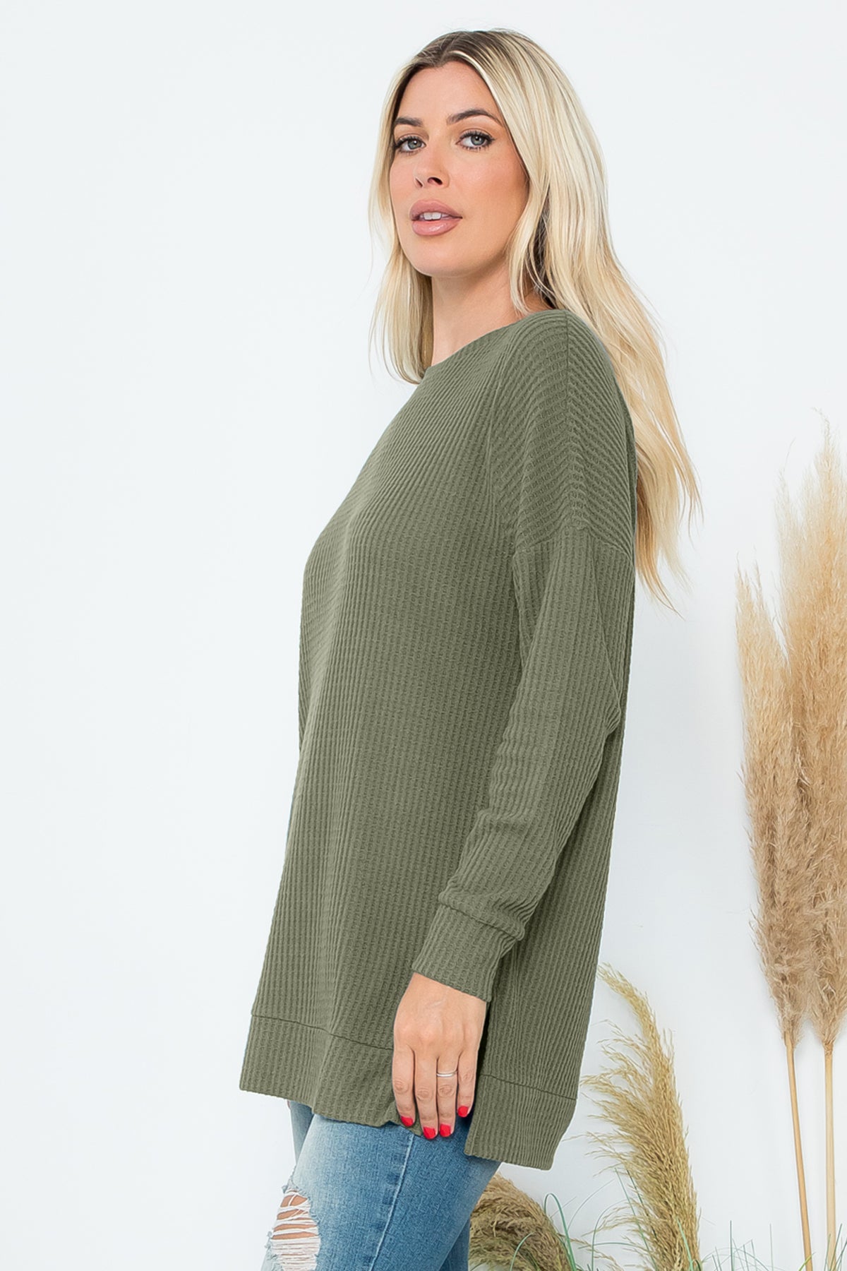 Plus Size Brushed Waffle Round Neck Side Slit Sweater