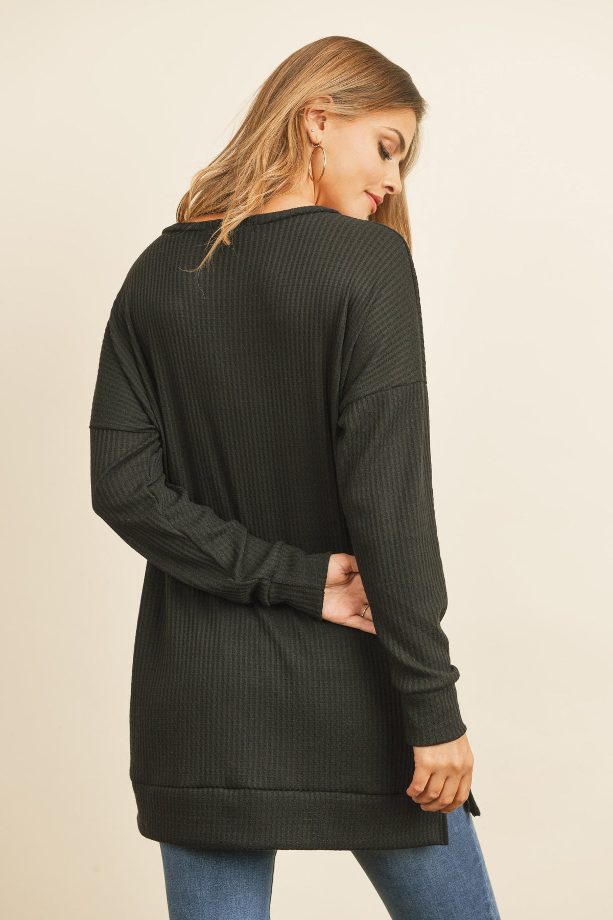 Brushed Waffle Round Neck Side Slit Sweater