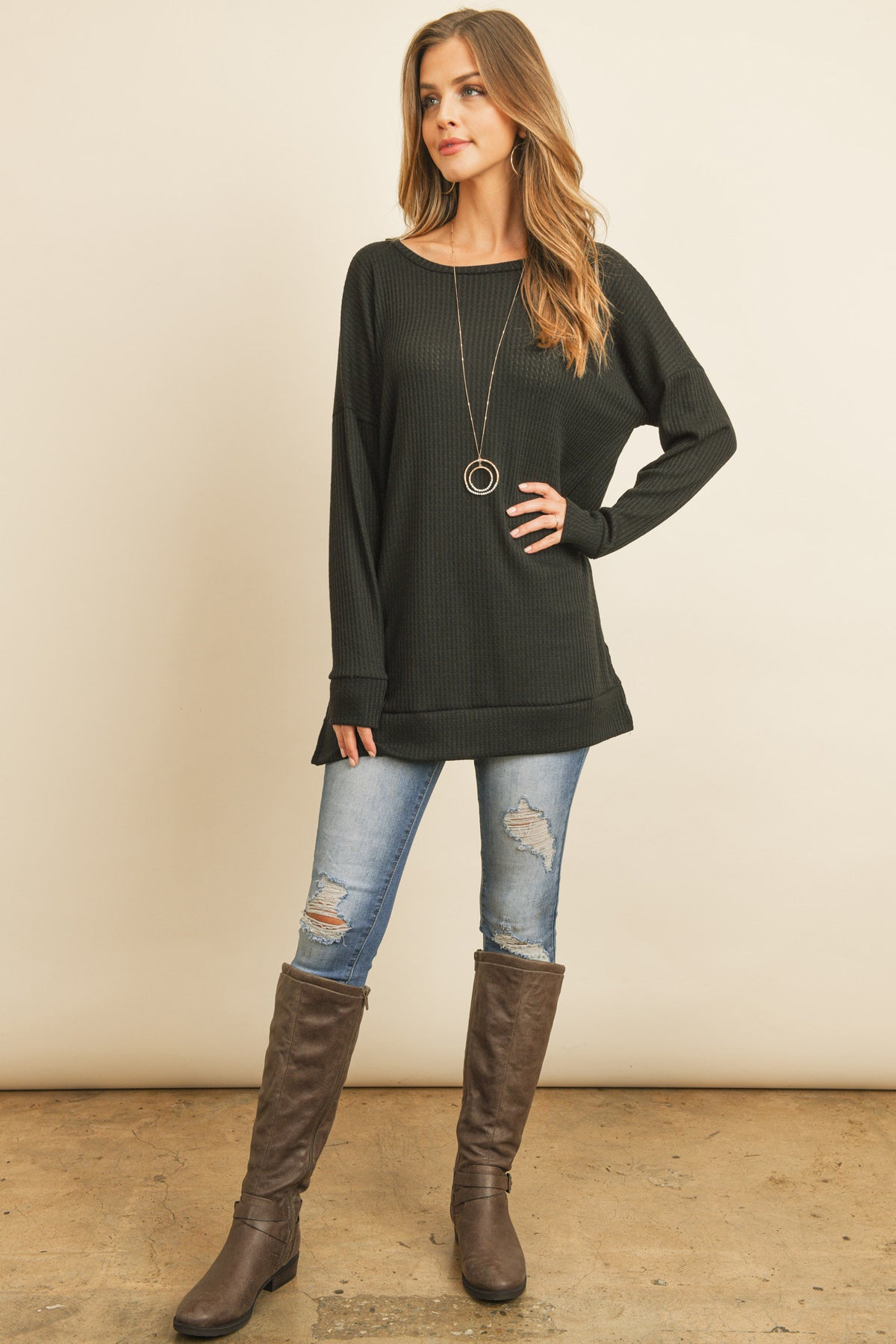 Brushed Waffle Round Neck Side Slit Sweater