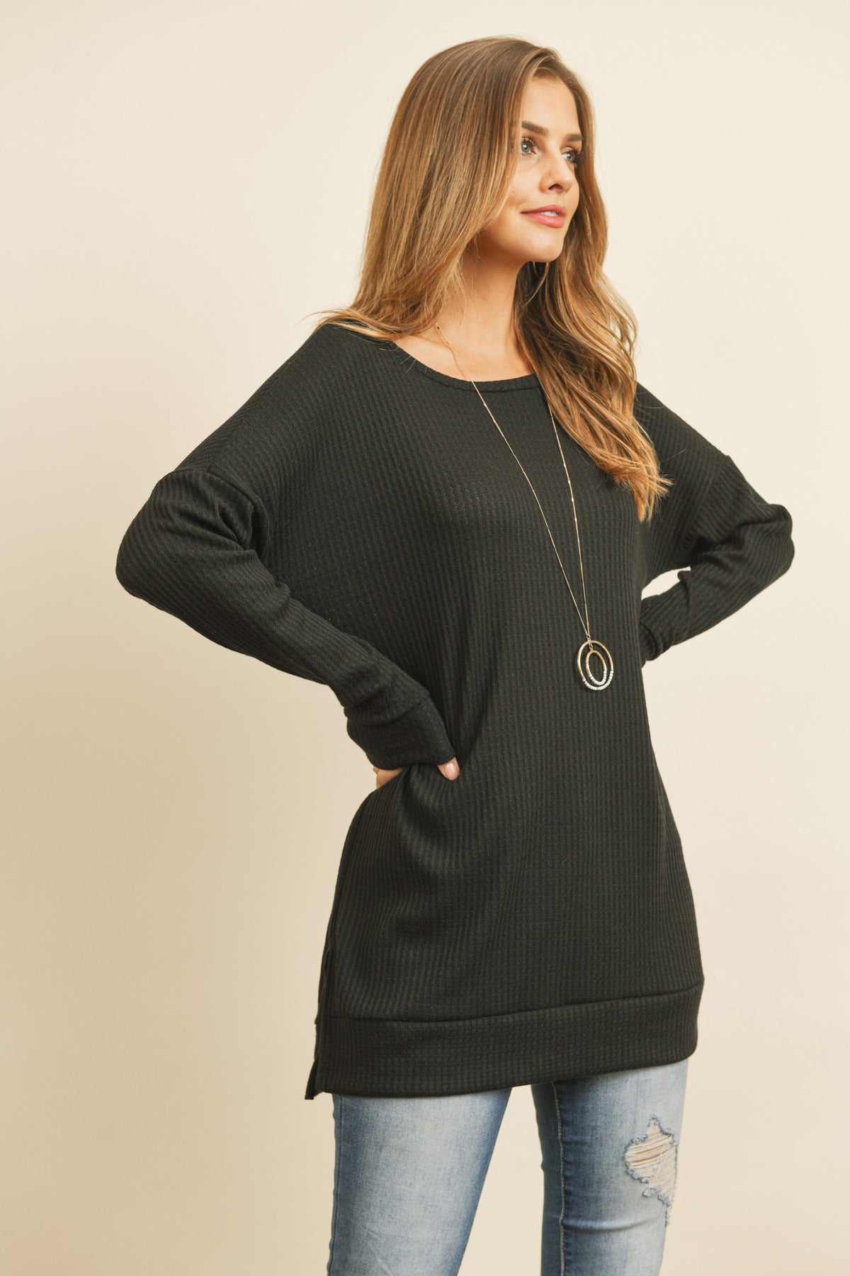 Plus Size Brushed Waffle Round Neck Side Slit Sweater