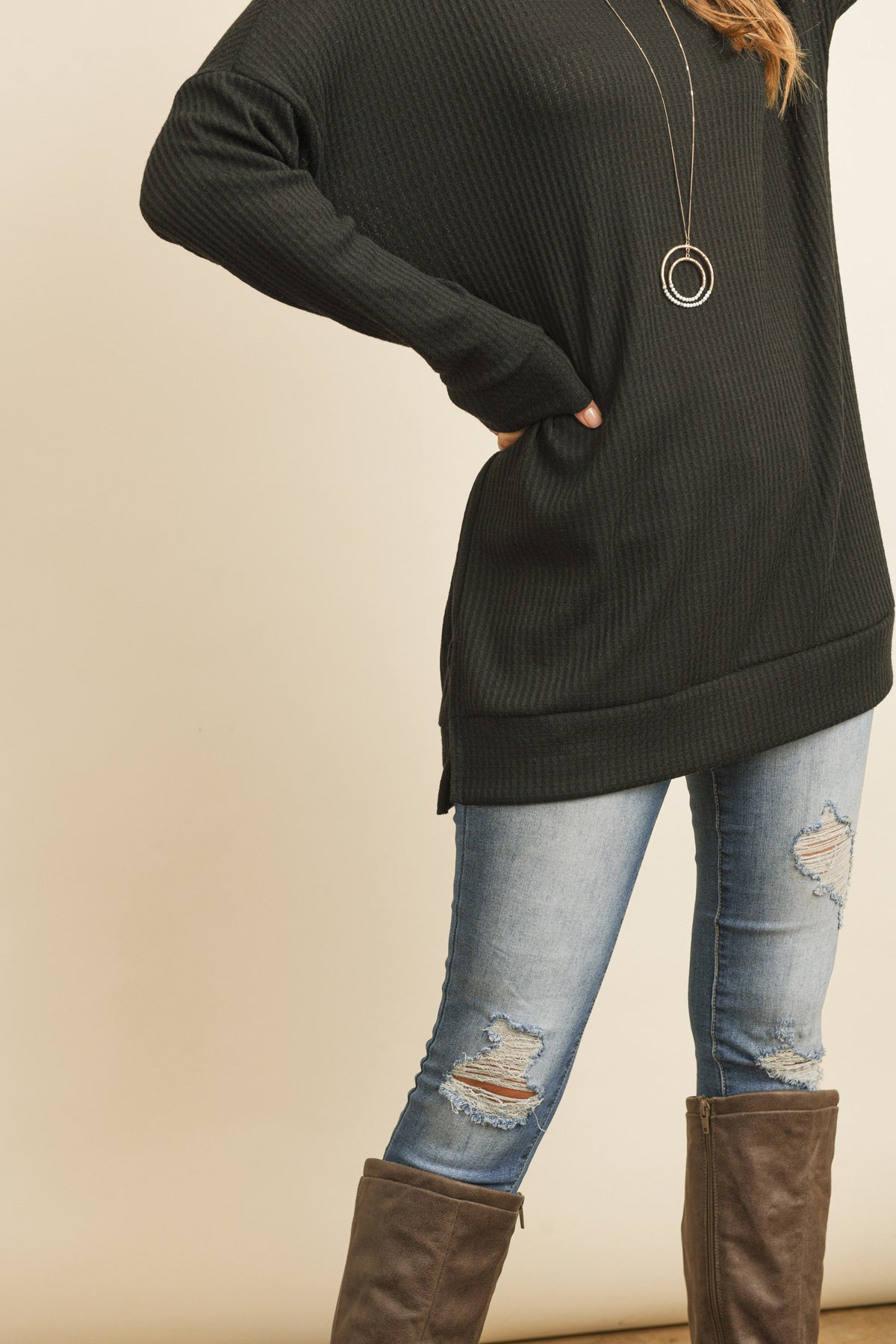 Plus Size Brushed Waffle Round Neck Side Slit Sweater