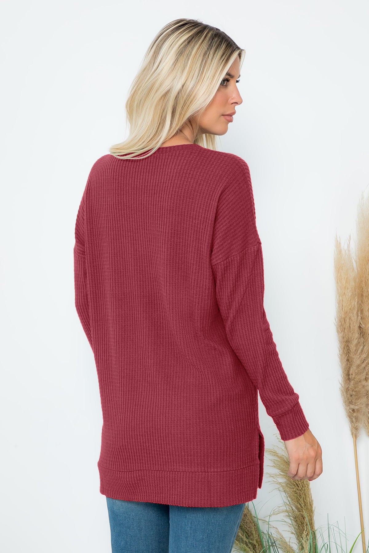 Brushed Waffle Round Neck Side Slit Sweater