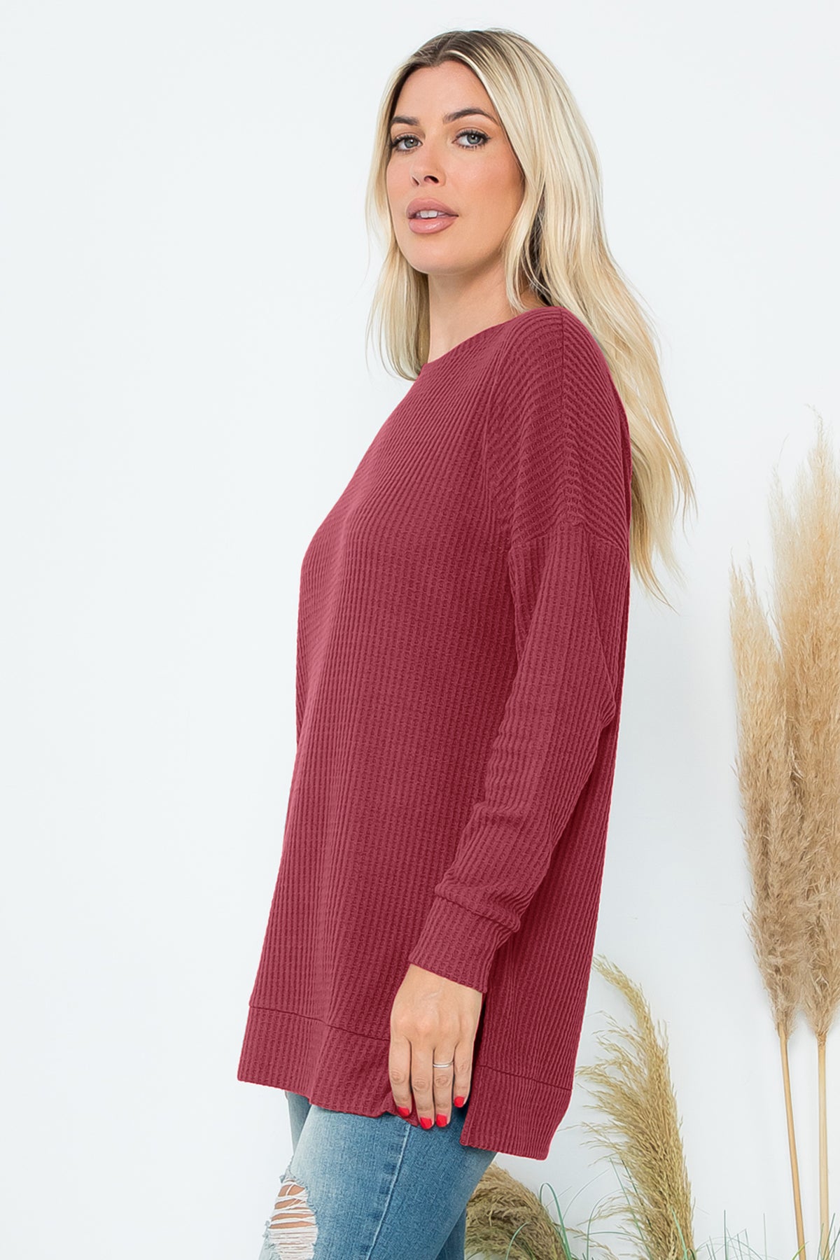 Plus Size Brushed Waffle Round Neck Side Slit Sweater