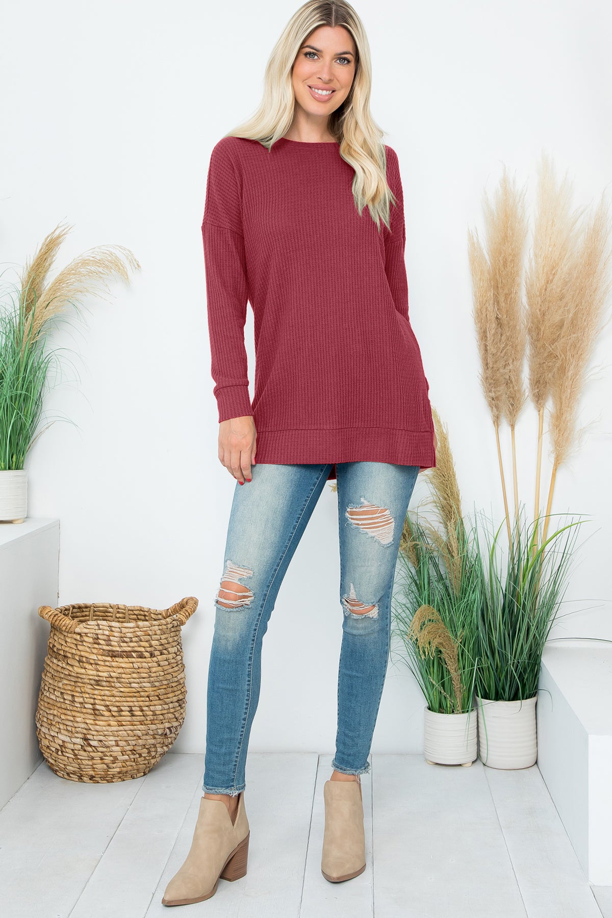 Plus Size Brushed Waffle Round Neck Side Slit Sweater