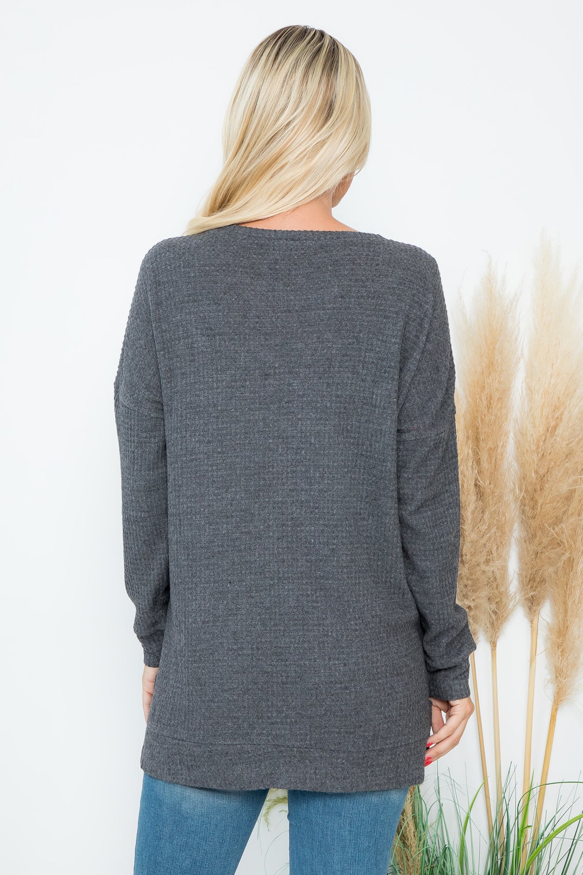 Brushed Waffle Round Neck Side Slit Sweater