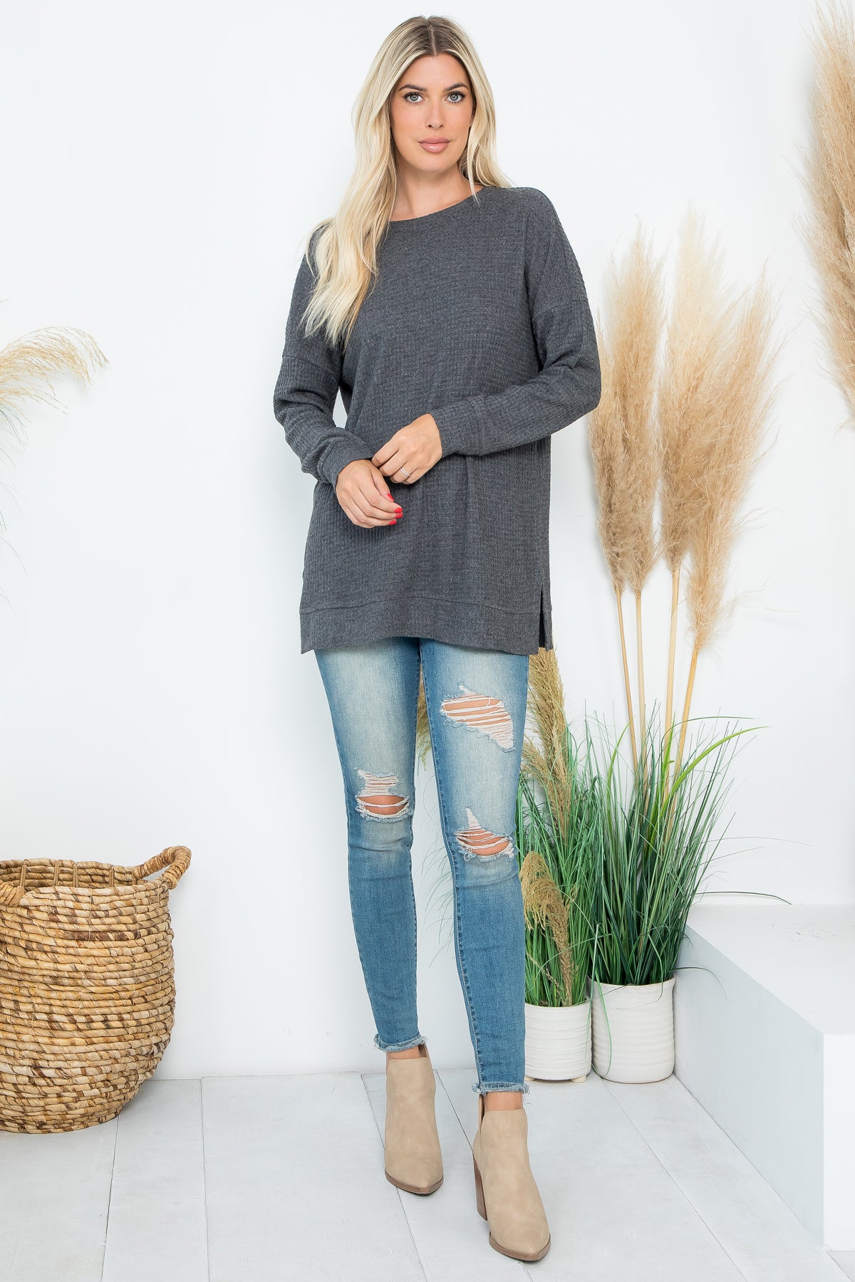 Plus Size Brushed Waffle Round Neck Side Slit Sweater