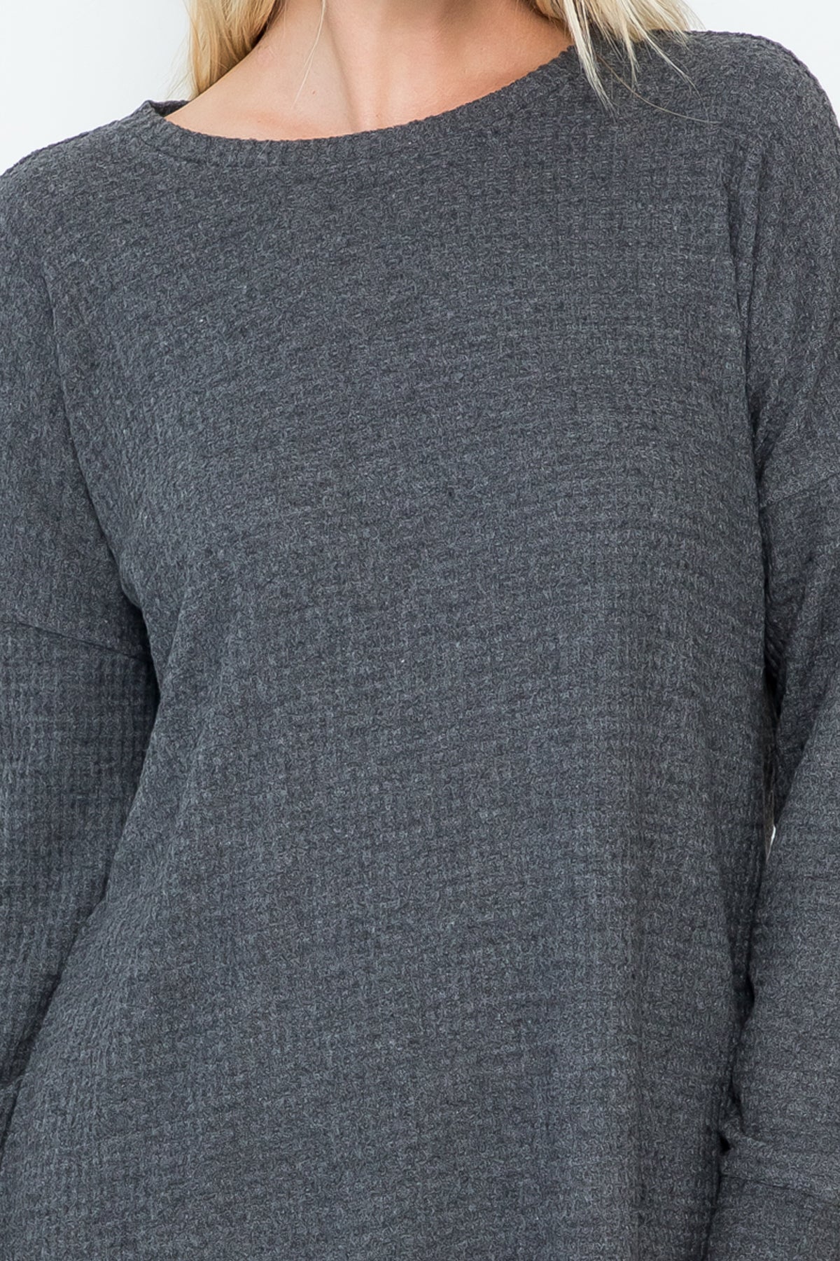 Plus Size Brushed Waffle Round Neck Side Slit Sweater