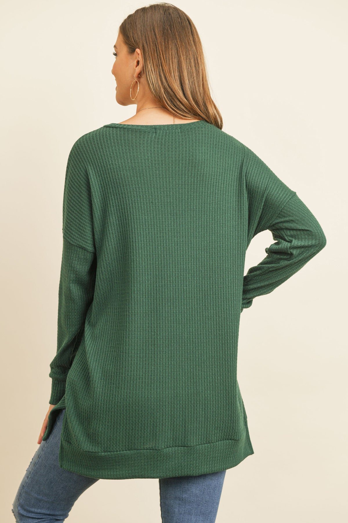 Brushed Waffle Round Neck Side Slit Sweater