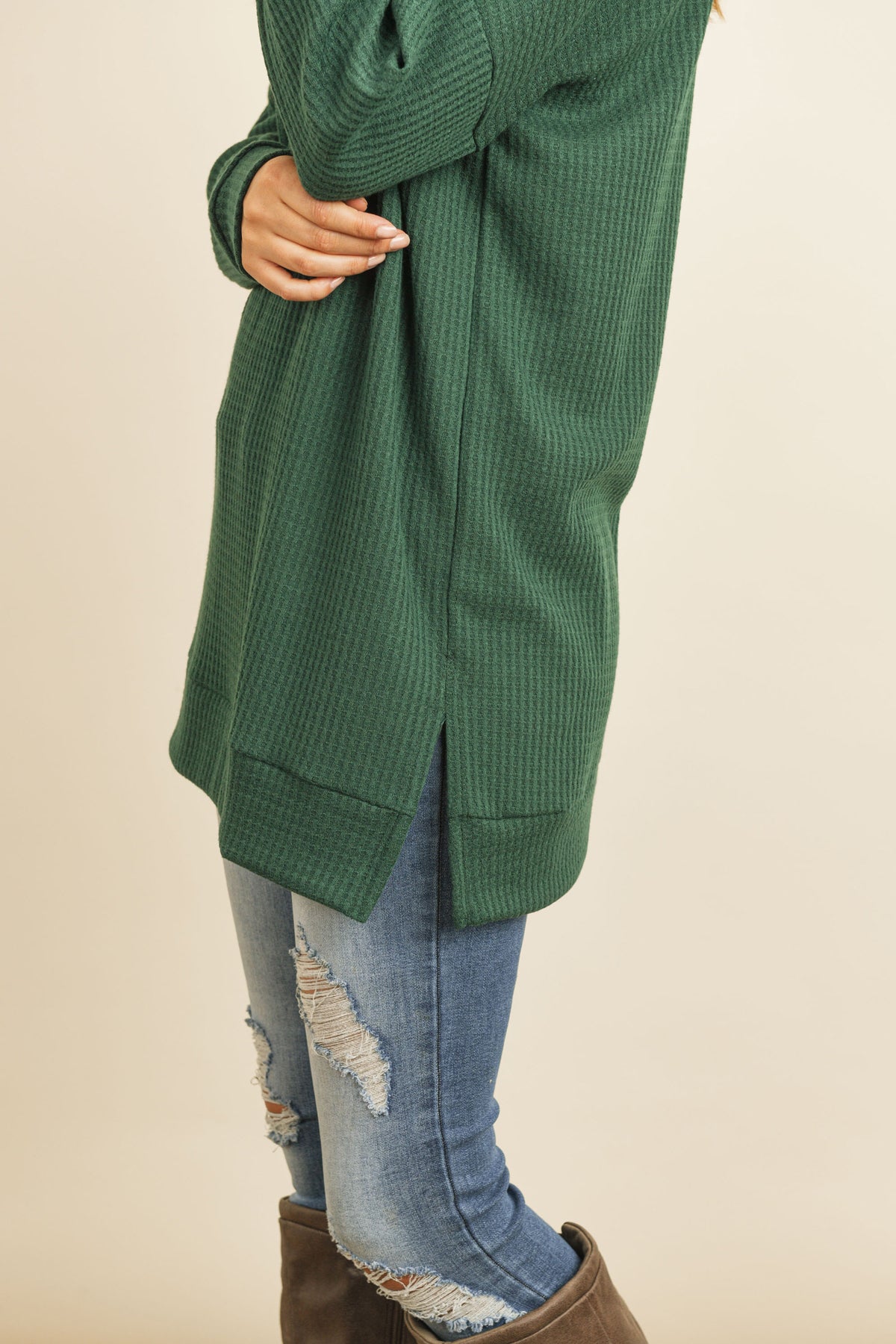 Plus Size Brushed Waffle Round Neck Side Slit Sweater