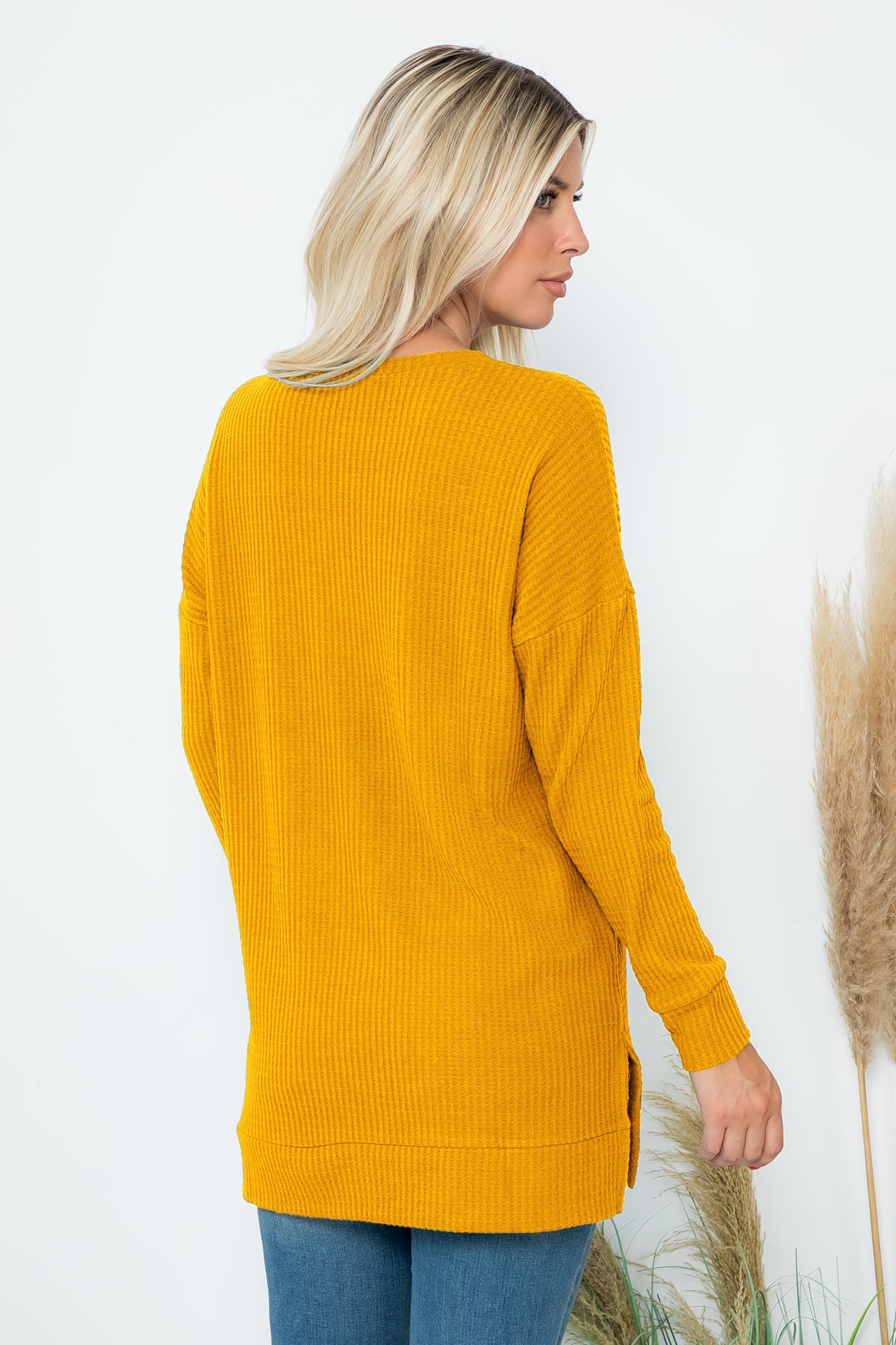Brushed Waffle Round Neck Side Slit Sweater