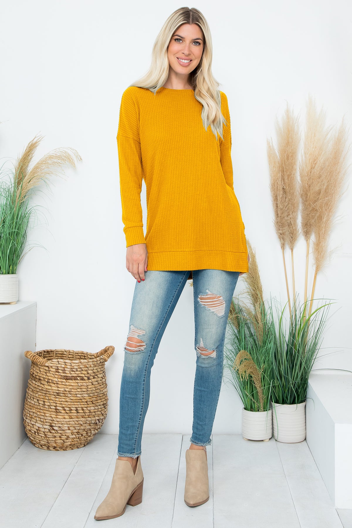 Brushed Waffle Round Neck Side Slit Sweater