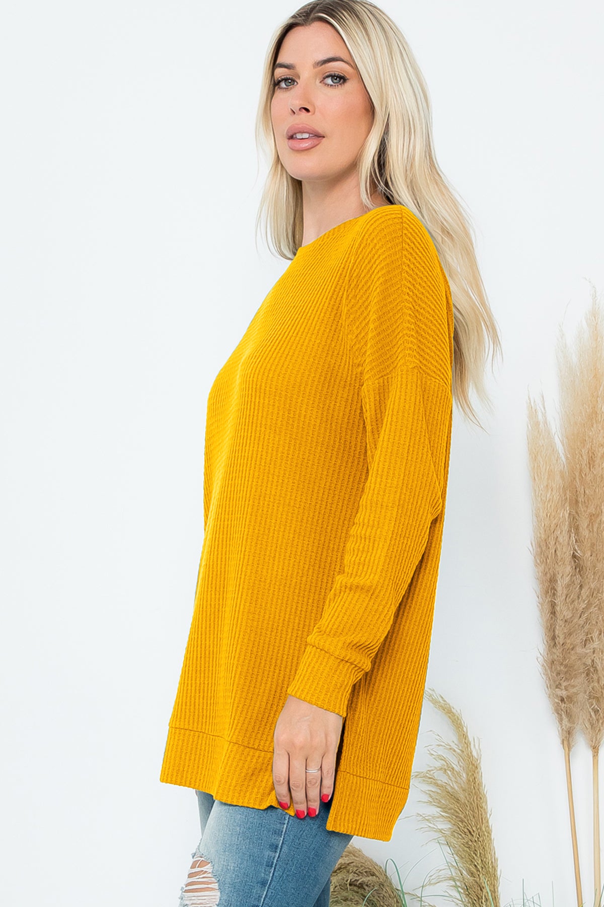 Plus Size Brushed Waffle Round Neck Side Slit Sweater