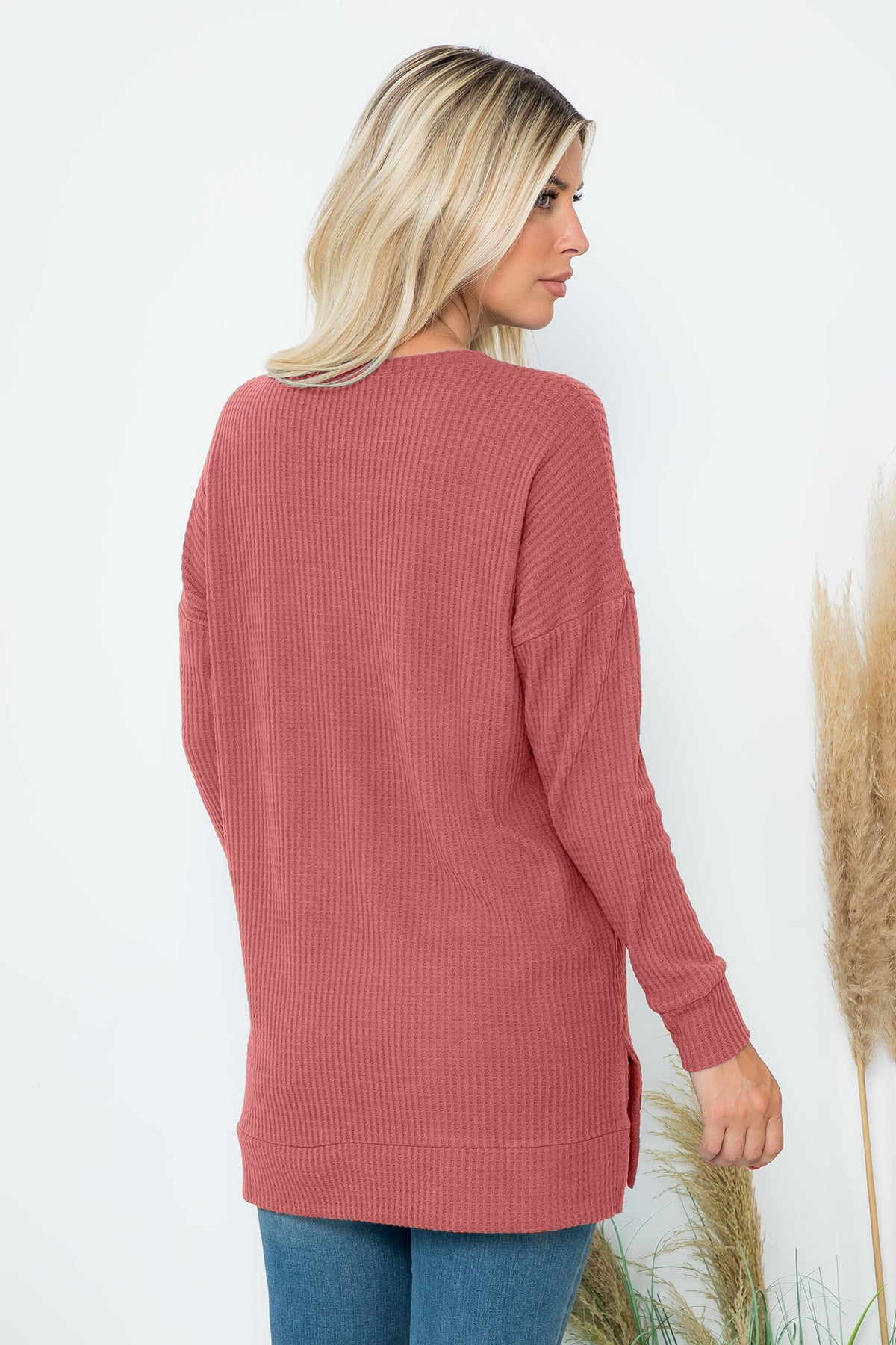 Brushed Waffle Round Neck Side Slit Sweater