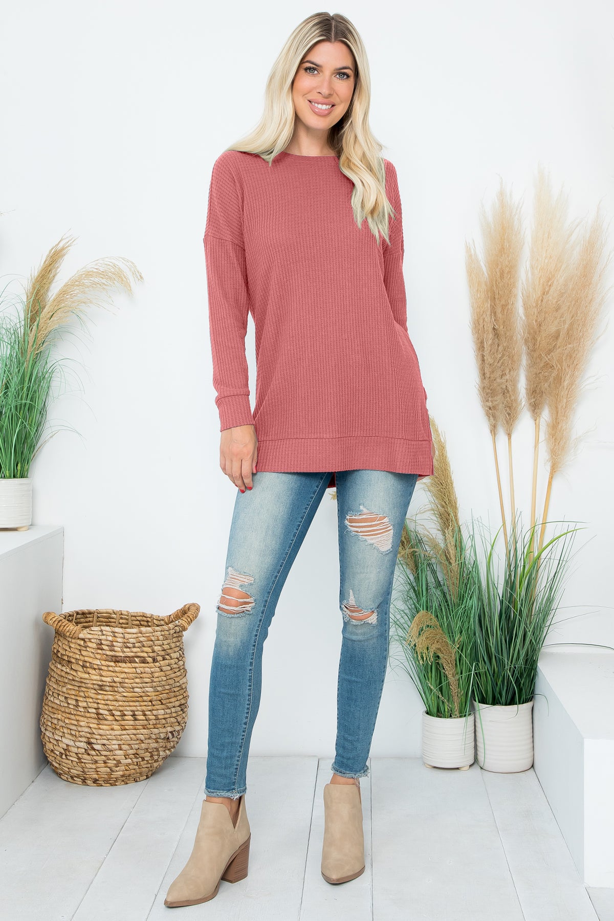 Plus Size Brushed Waffle Round Neck Side Slit Sweater