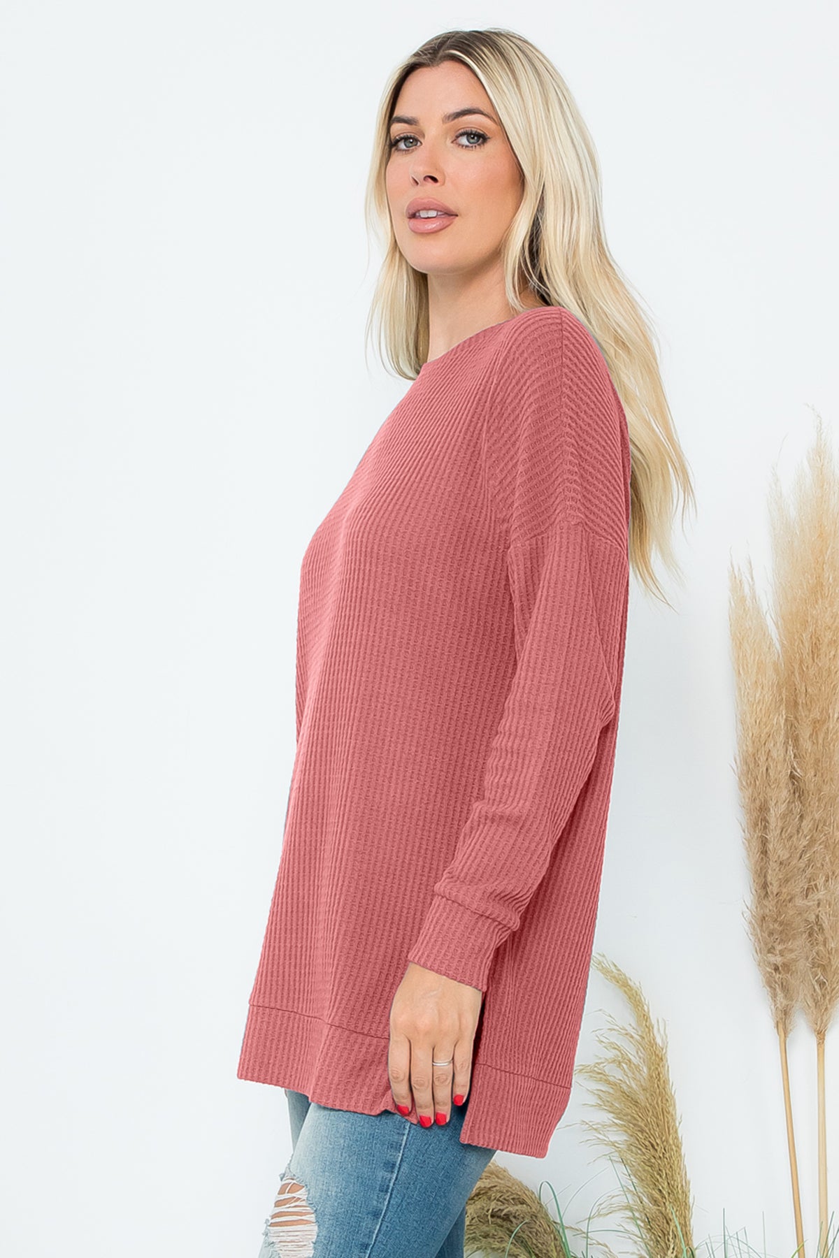 Plus Size Brushed Waffle Round Neck Side Slit Sweater