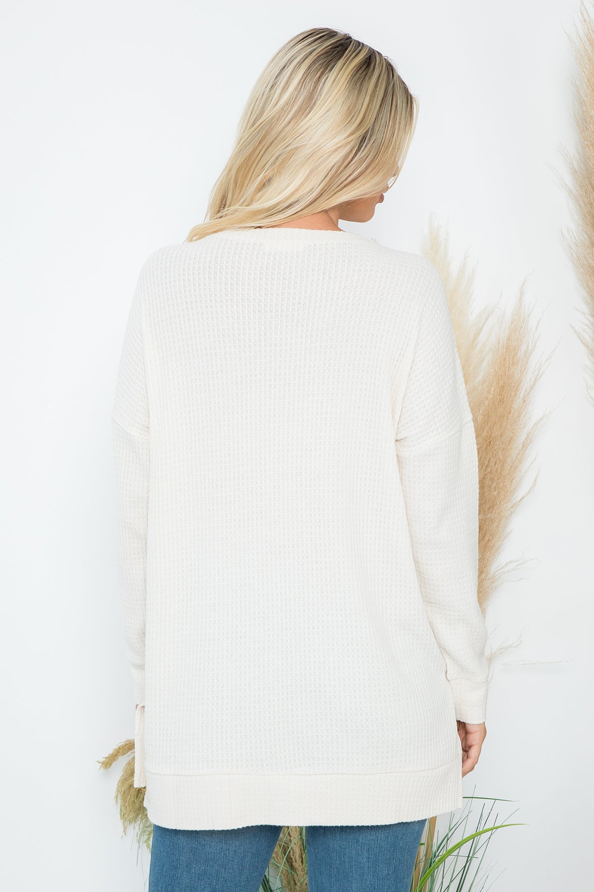Brushed Waffle Round Neck Side Slit Sweater