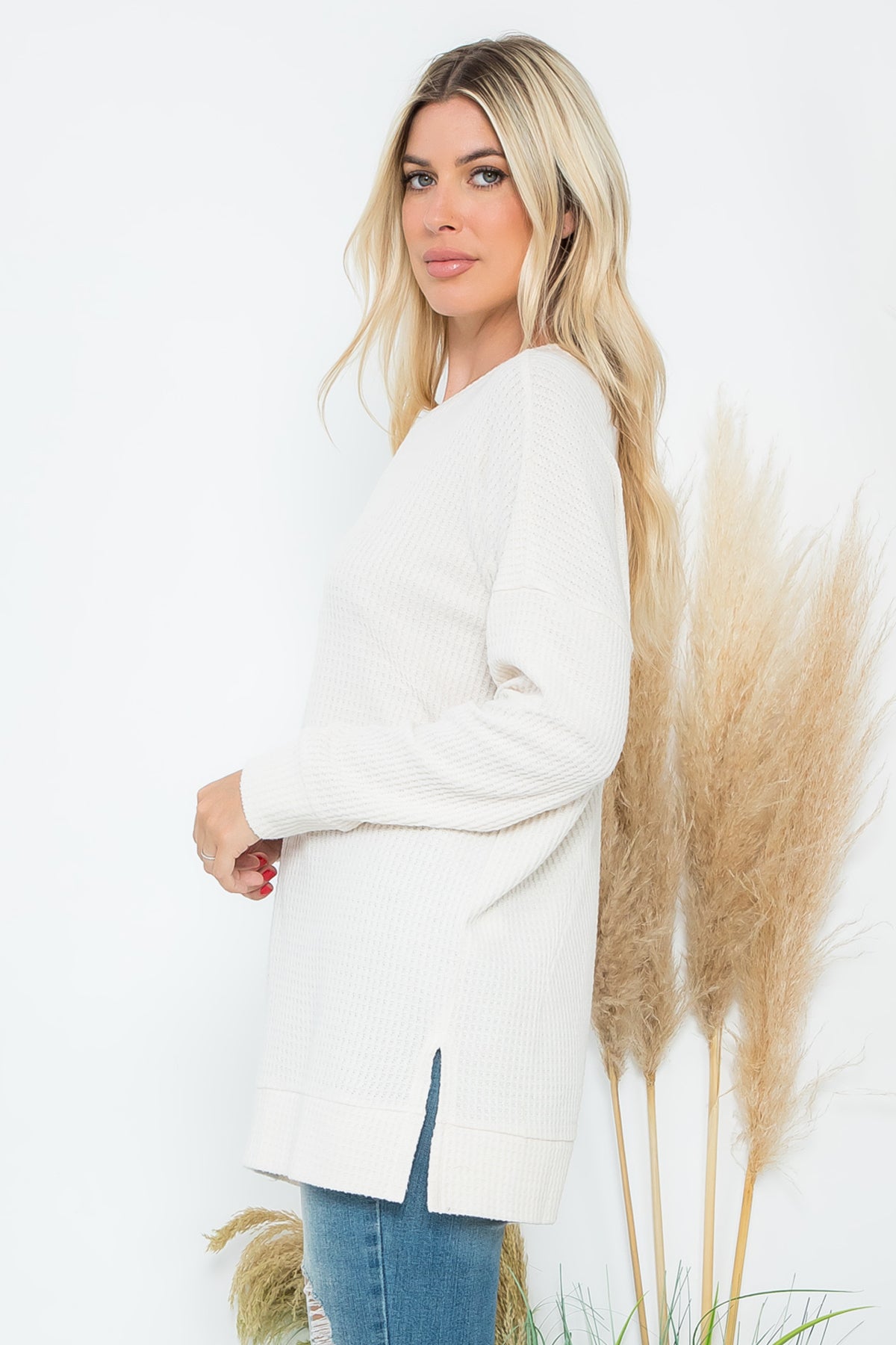 Plus Size Brushed Waffle Round Neck Side Slit Sweater